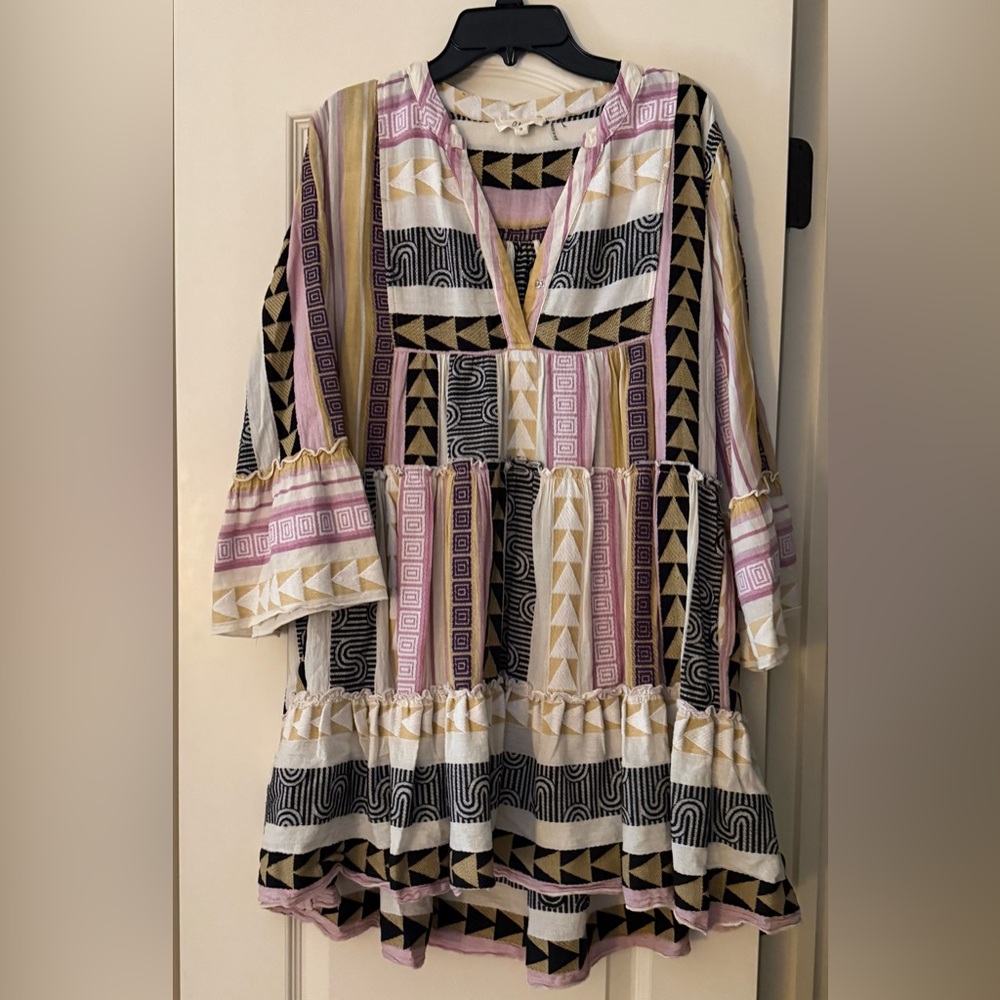 Elan Pink Black Gold Geometric Tiered Dress